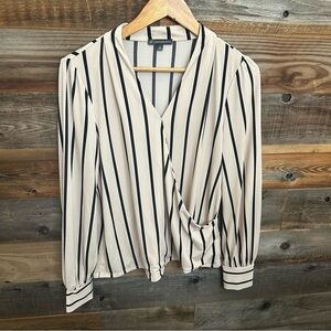 Adrianna Papell Blouse Women Medium Beige Striped V-Neck Long Sleeve Shabby Chic